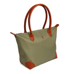 Large sage green Shoreditch bag with tan leather effect handles and accents by Alice Wheeler