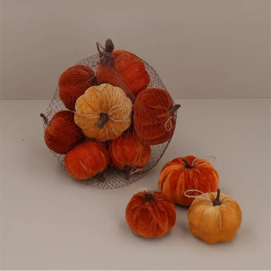 Gisela Graham Southend Bag of 9 Mix Velvet Mini Pumpkin Decorations