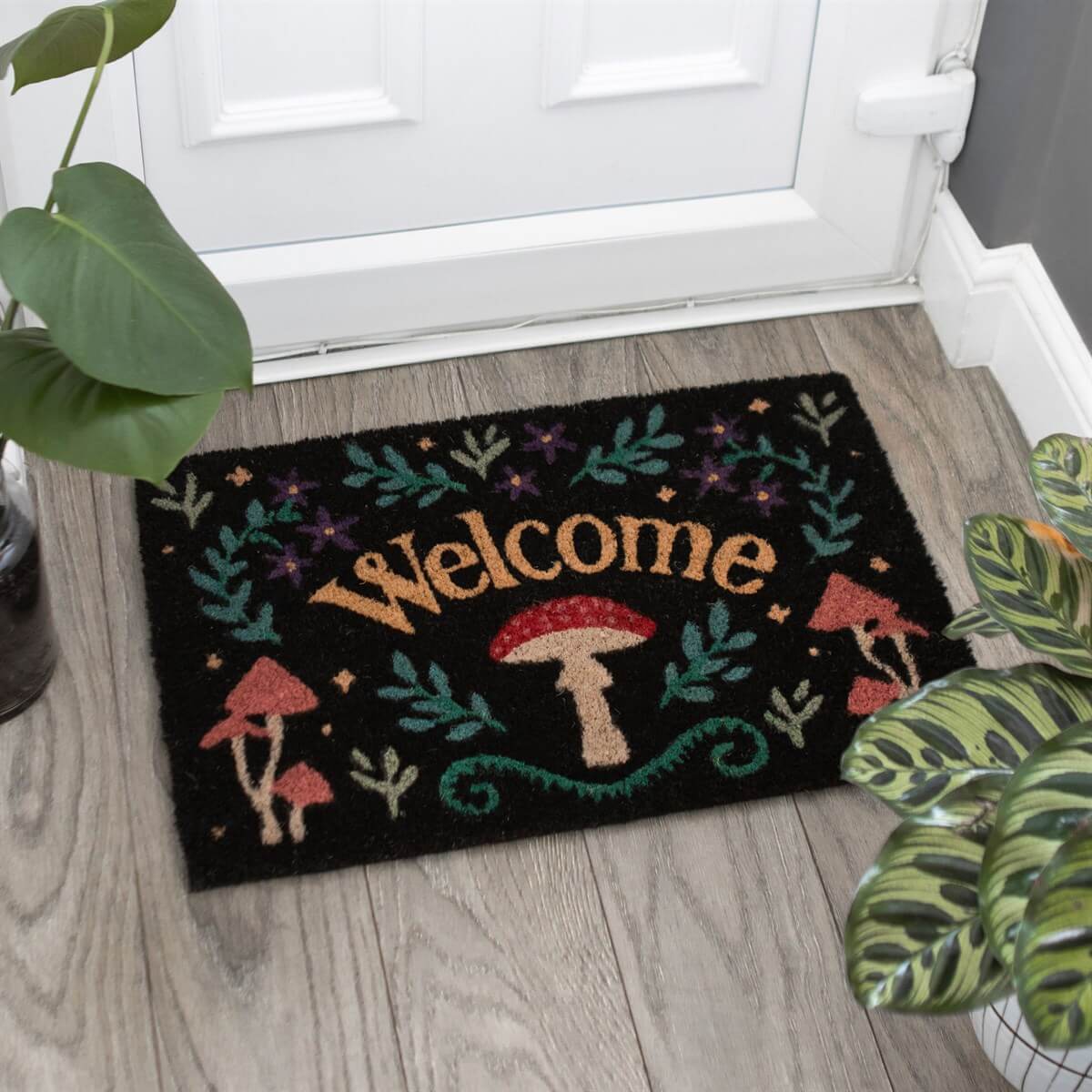 Black Welcome Mushroom Coir Doormat