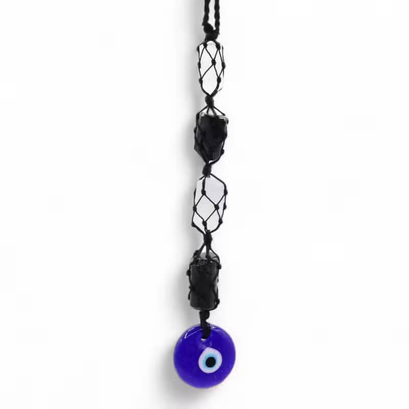 Selenite & Black Tourmaline Pendant with Blue Evil Eye Nazar