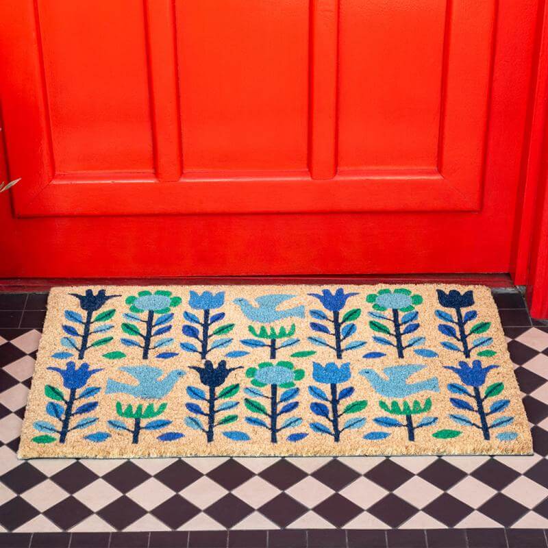 Blue Folk Doves Coir Doormat