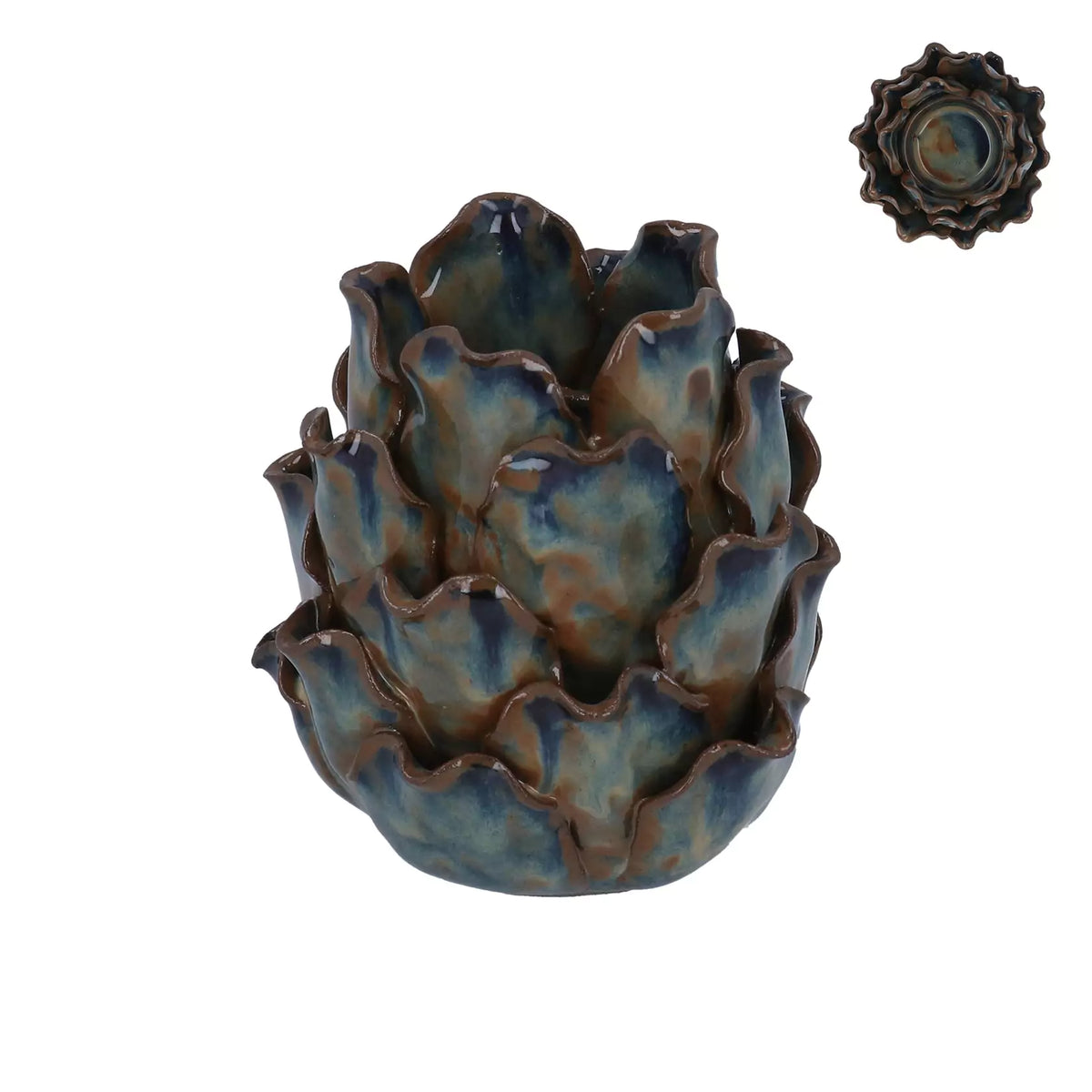 Blue Reative Glaze Artichoke Tealight holder at Under the Sun Southend shop