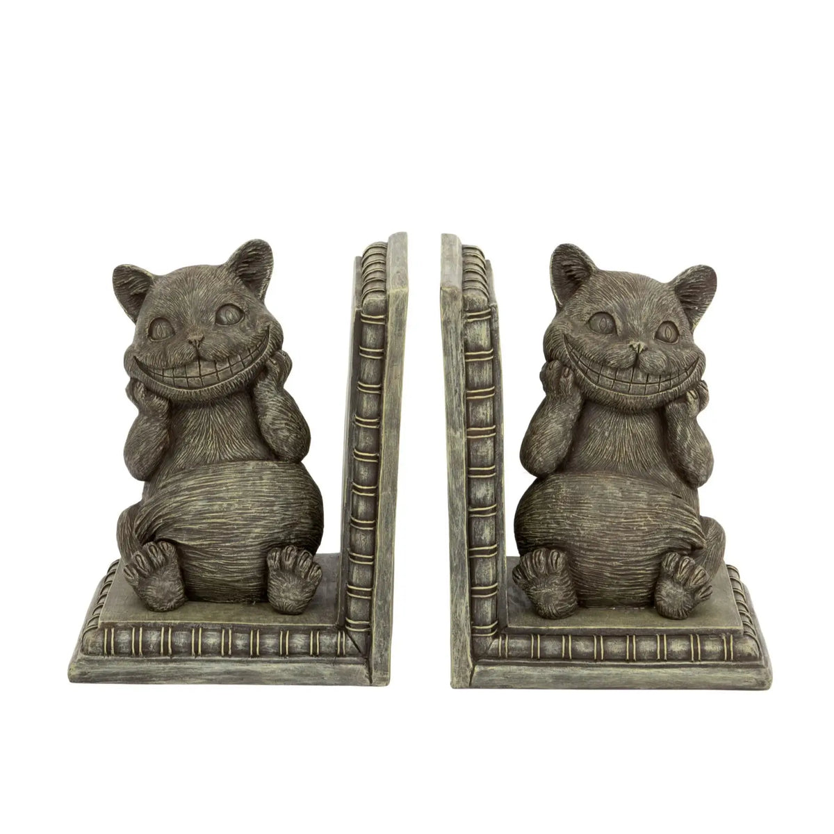 A pair of decorative bookends shaped like the Cheshire Cat, featuring a grey textured finish and a wide grin, inspired by lice in Wonderland books.
