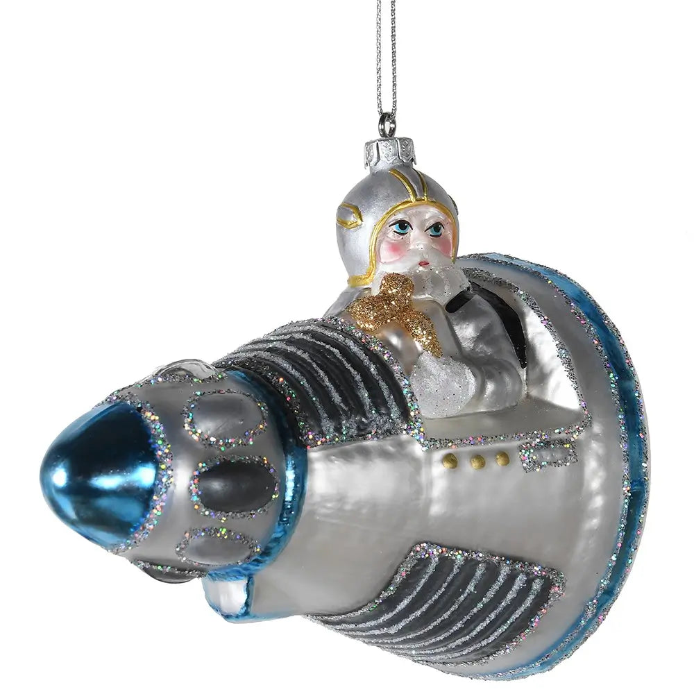 Santa in Space Capsule Rocket Glass Bauble