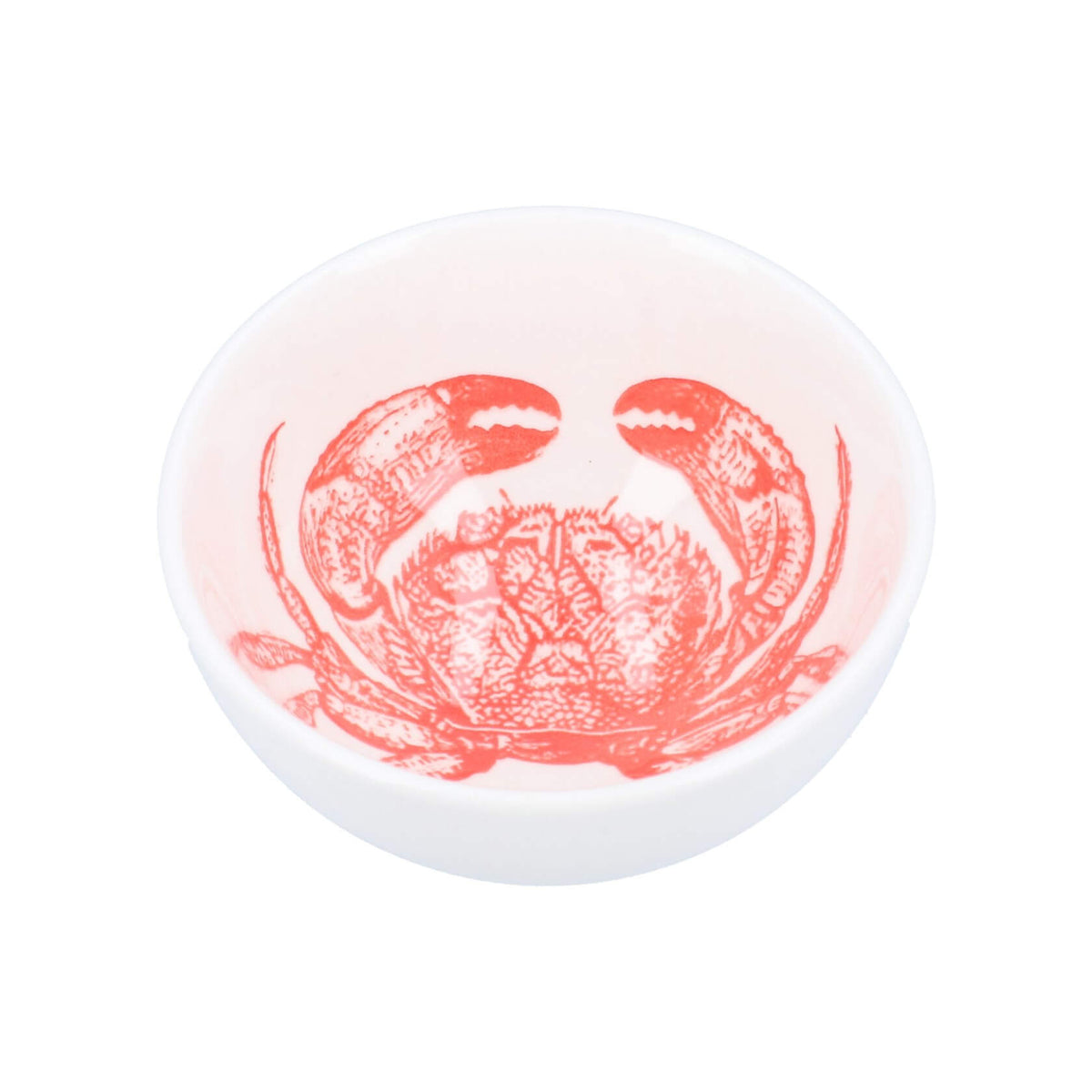 Small white ceramic bowl with red crab design inside