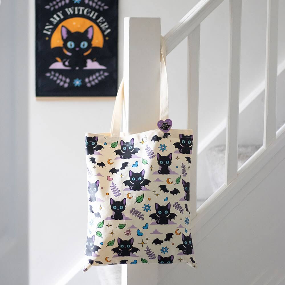 Cute and Creepy Cat Print Tote Bag with Enamel Pin Badge
