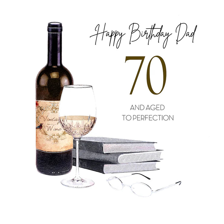 A birthday card design for a 70th birthday to Dad, featuring a watercolor-style wine bottle, half-filled wine glass, three stacked books, and eyeglasses on a white background, with the text 'Happy Birthday Dad 70 and aged to perfection'.