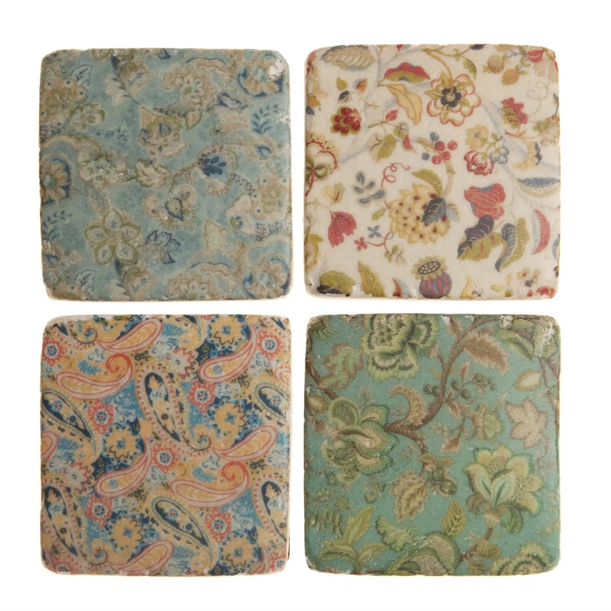 Four Edwardian vintage floral and paisley patterned coasters by London Ornaments 