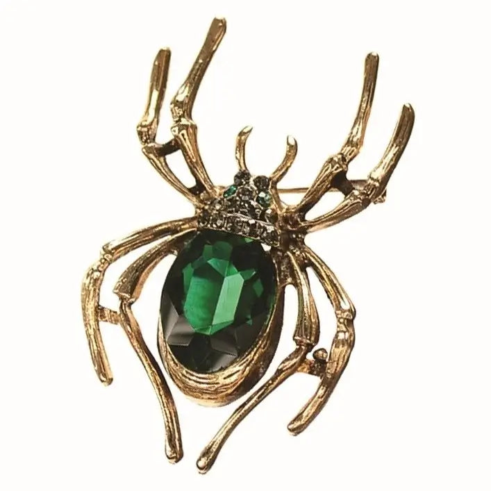 Antique Gold and Emerald Crystal Spider Brooch by Hot Tomato