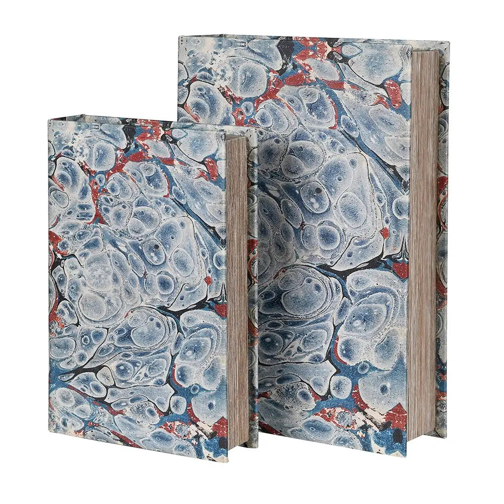 Set of 2 Faux Book Box with Blue Ink Marbling in Southend