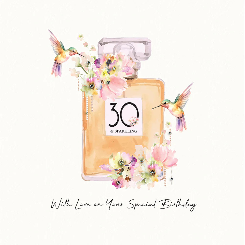A watercolor-style birthday card design featuring a perfume bottle with a 30th birthday label, decorated with pink flowers and two hummingbirds, with the text 'With Love on Your Special Birthday'