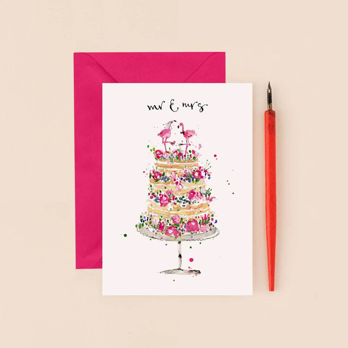 Mr & Mrs Flamingo Cake Wedding Card