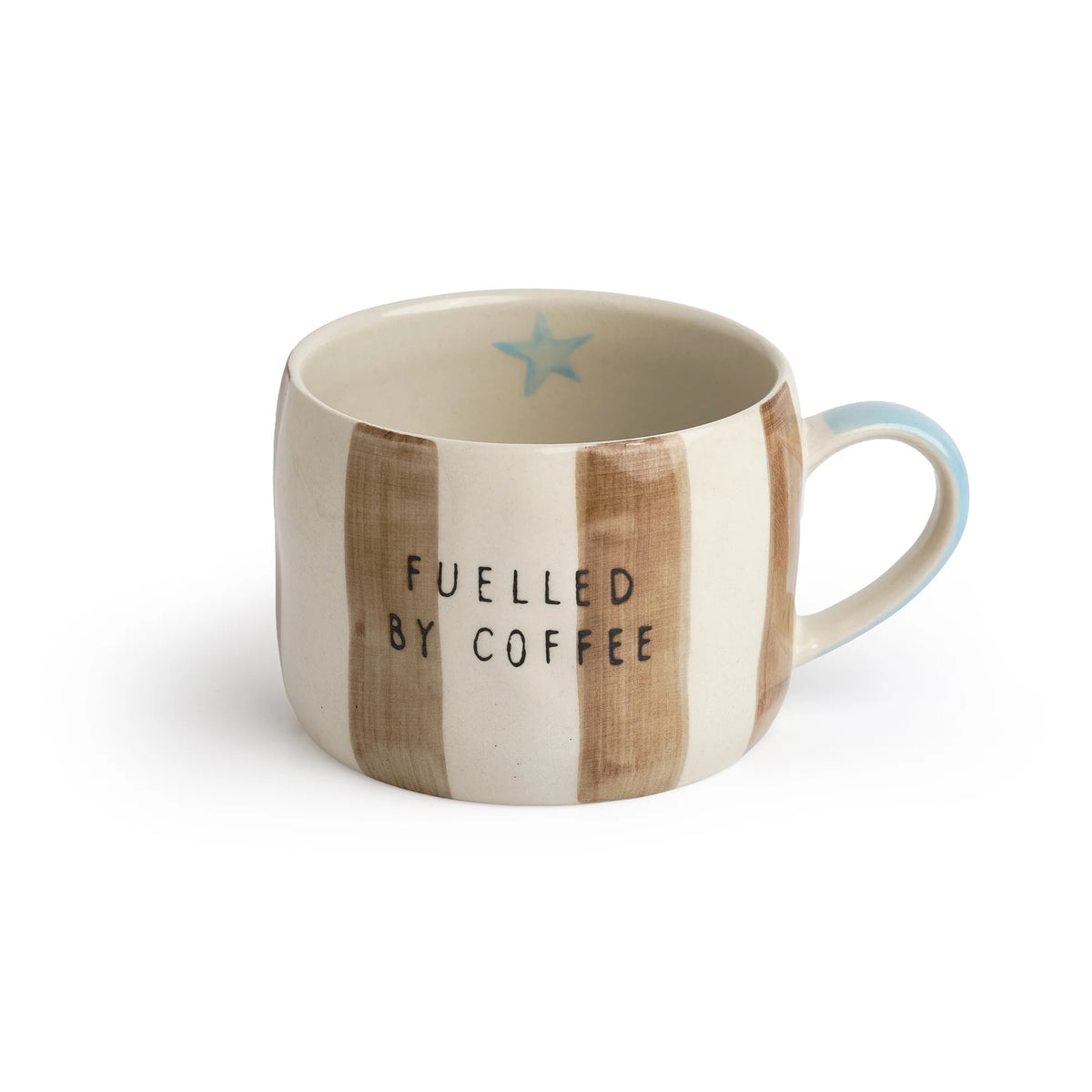 Striped stoneware mug with 'Fueled by Coffee' text.