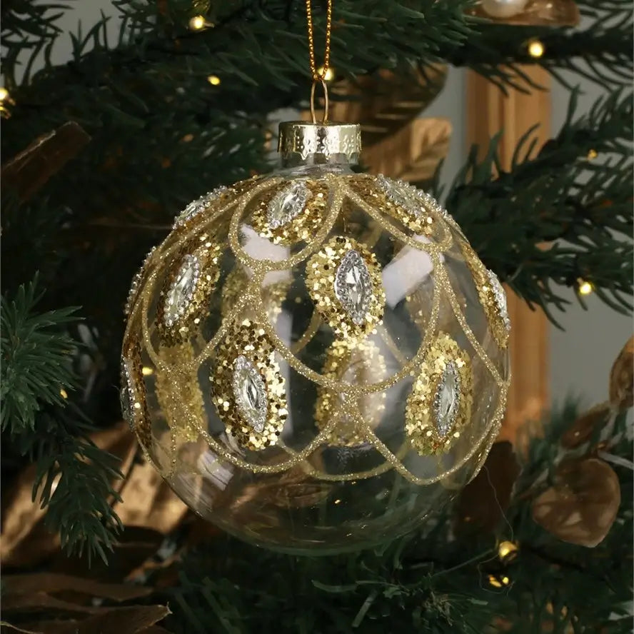 Gisela Graham Clear Gold Glass Bauble with Gold Sparkling Swag