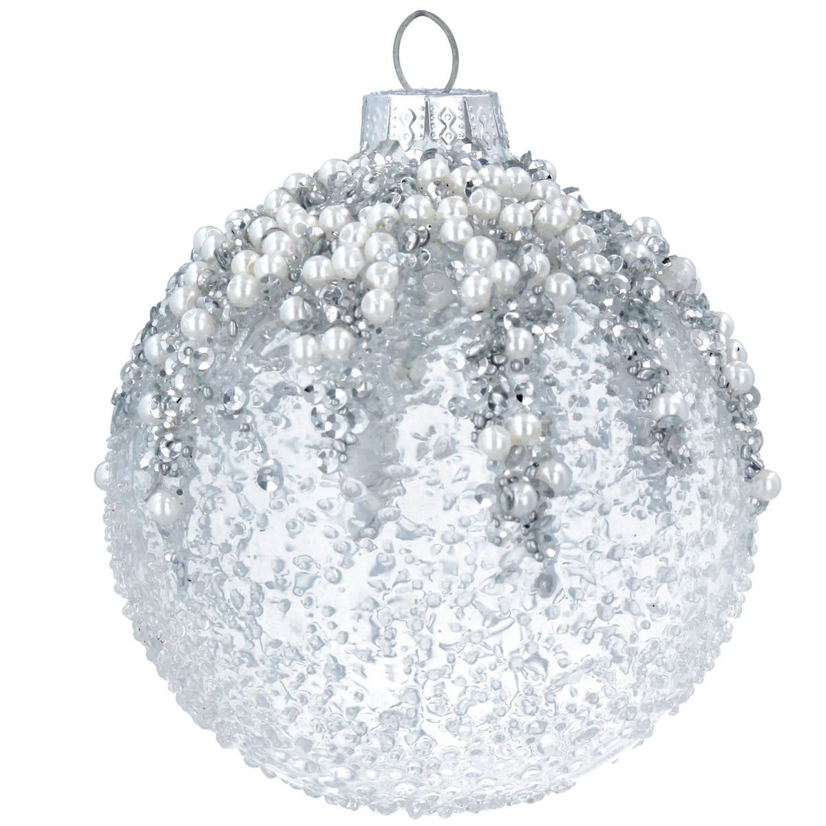 Gisela Graham Clear Glass Bauble with Silver Sparkle & Pearls