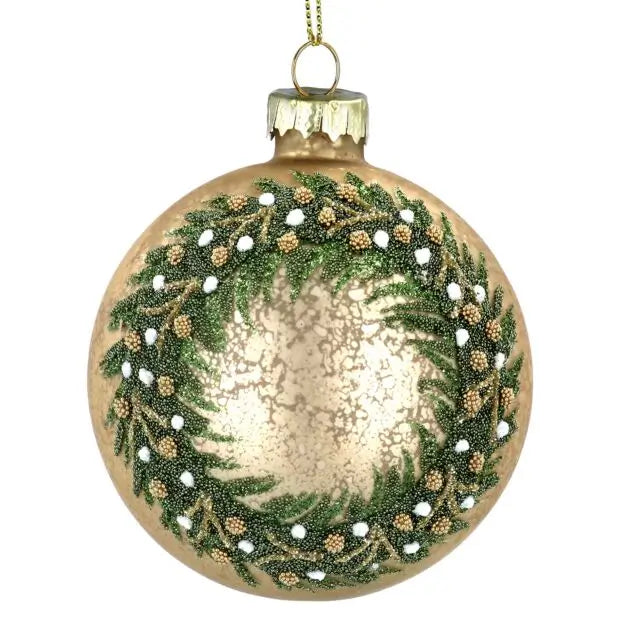 Gisela Graham Antique Gold Glass Ball with Green Beaded Wreath