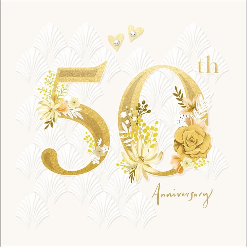 Gold 50th Anniversary Card Flower & Gems