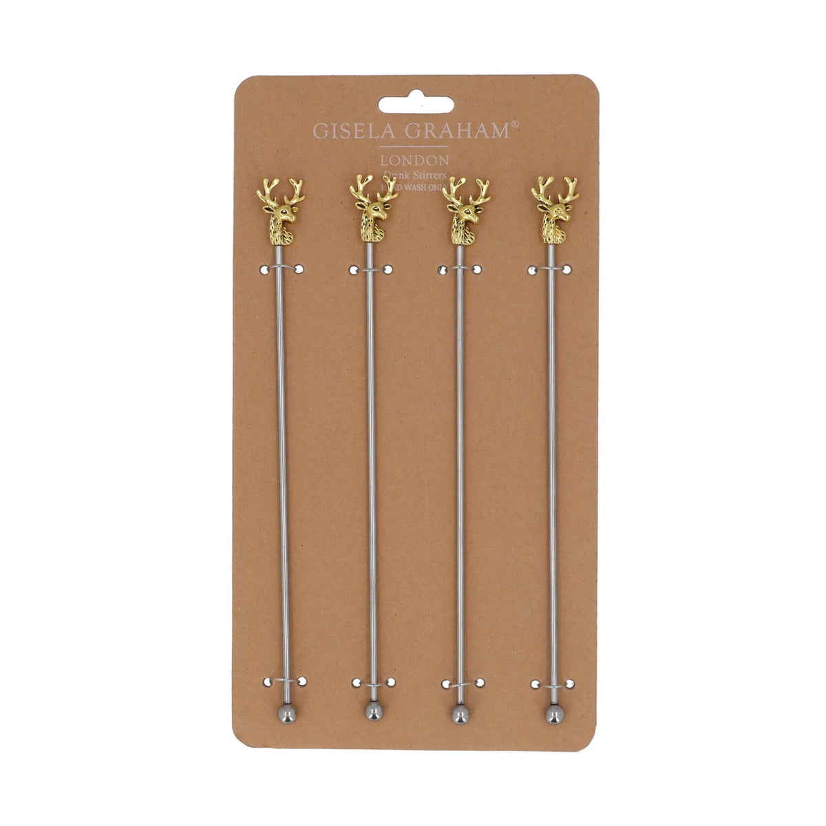 Four Gisela Graham London deer head cocktail stirrers with silver metal stems and gold antler tops, displayed on a brown cardboard backing card.
