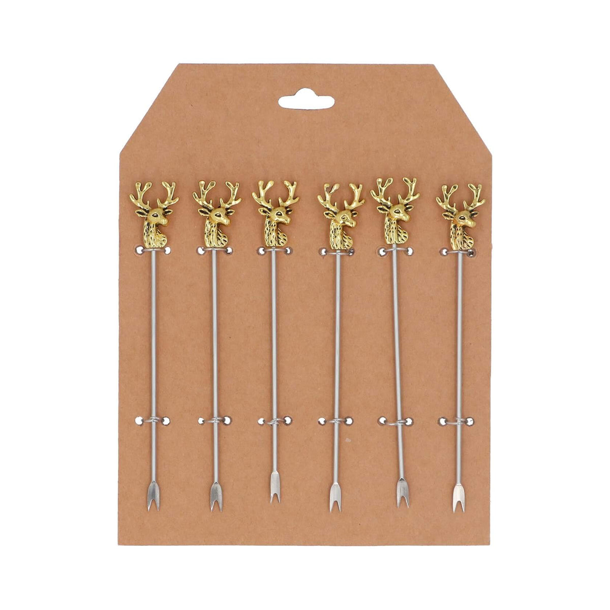 Six decorative cocktail picks with gold stag, reindeer head handles and silver metal picks, displayed on a brown cardboard backing.