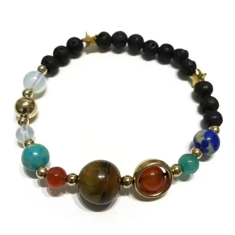 Multicoloured solar system style beaded bracelet with gold accents