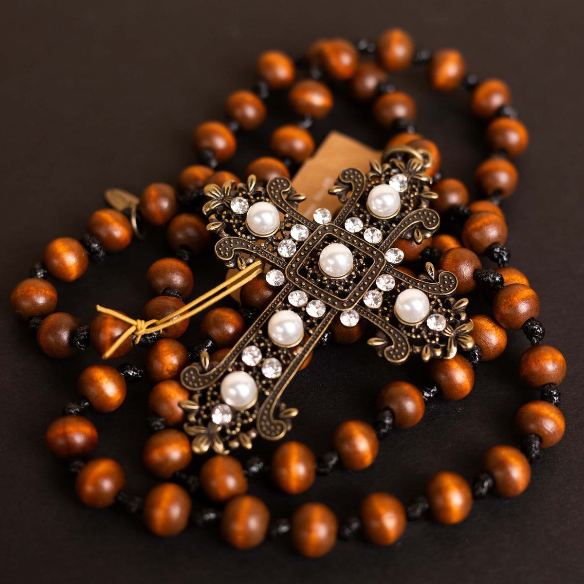 Gold Pearl & Crystal Gothic Cross on Wooden Bead Necklace