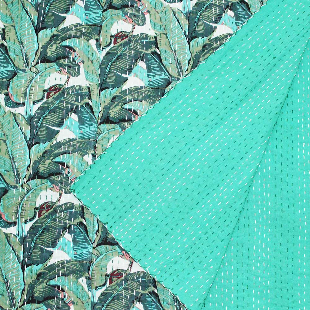 Green Leaf Kantha Cotton Throw.150 x 230cm