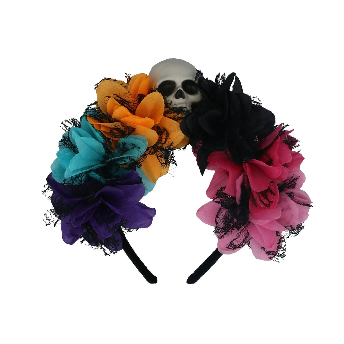 Colourful Halloween Flower Hairband with Skull Decoration by Gisela Graham
