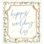 A square greeting card design with the words 'happy wedding day' in light blue cursive script inside a gold decorative frame, surrounded by a floral border on a cream background.