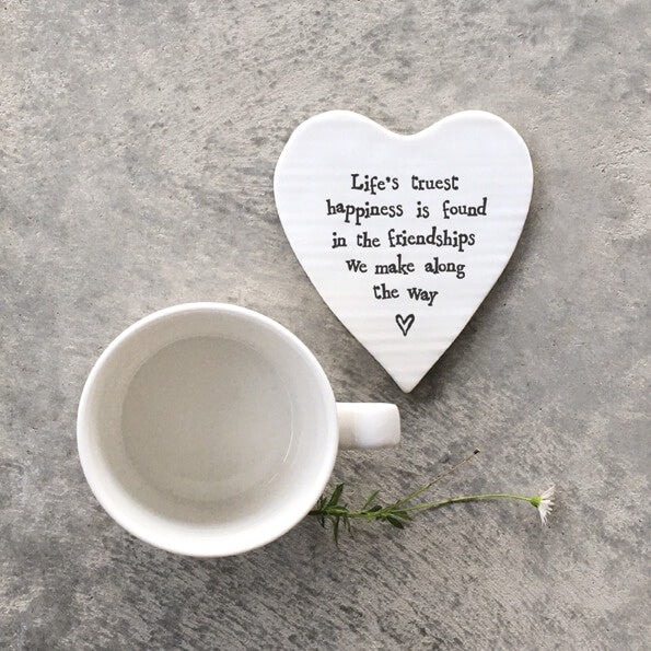 Lifes Truest Happiness White Porcelain Heart Coaster