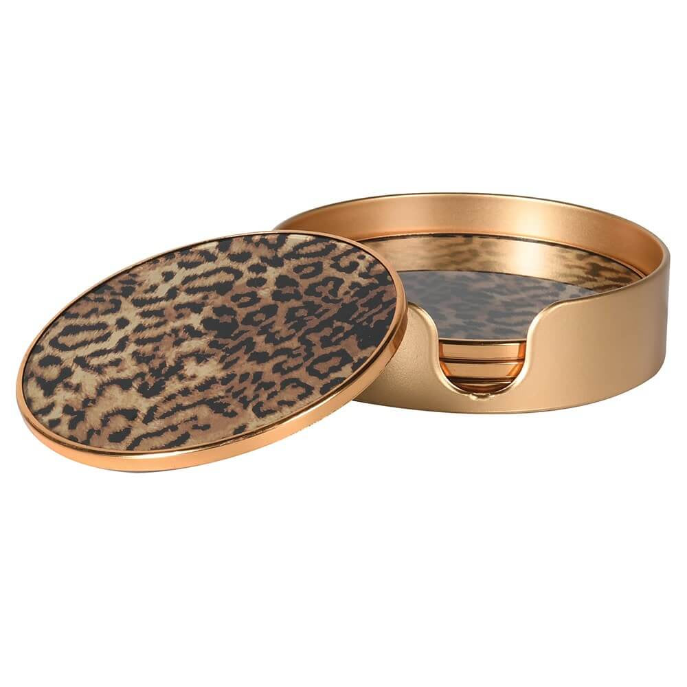 Set of 4 Leopard Print Coasters with Gold Holder