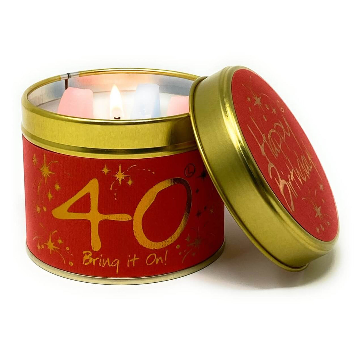 Happy40th Birthday Lily-Flame Candle Tin at Under the Sun Southend Shop