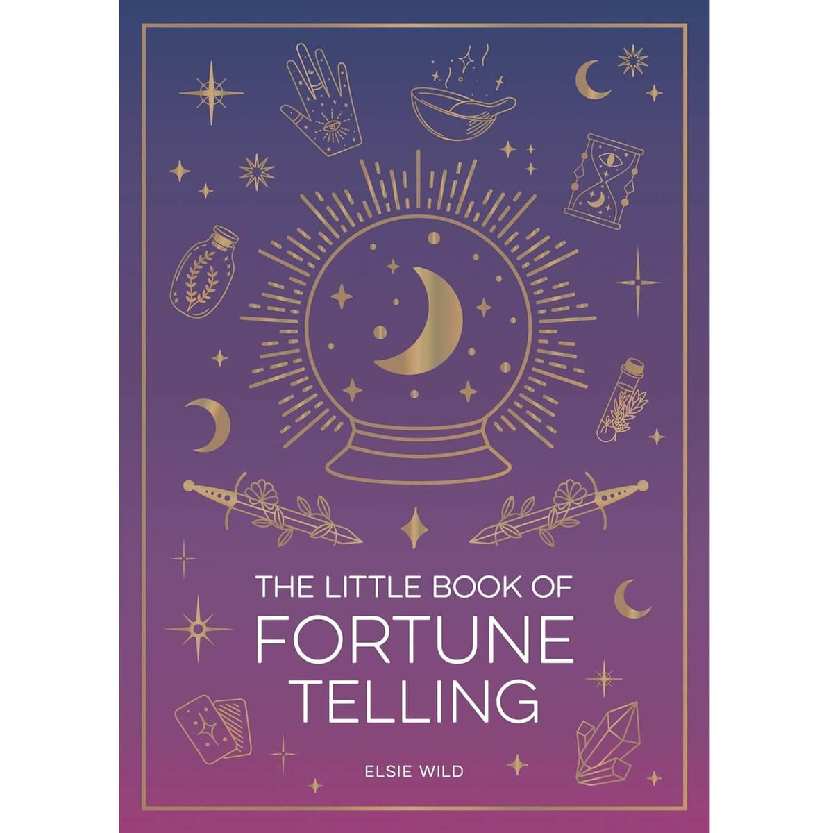 Book cover of 'The Little Book of Fortune Telling' with gold illustrations on a purple background