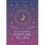 Book cover of 'The Little Book of Fortune Telling' with gold illustrations on a purple background