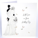 Wedding card with illustrations of a bride and groom, surrounded by butterflies.