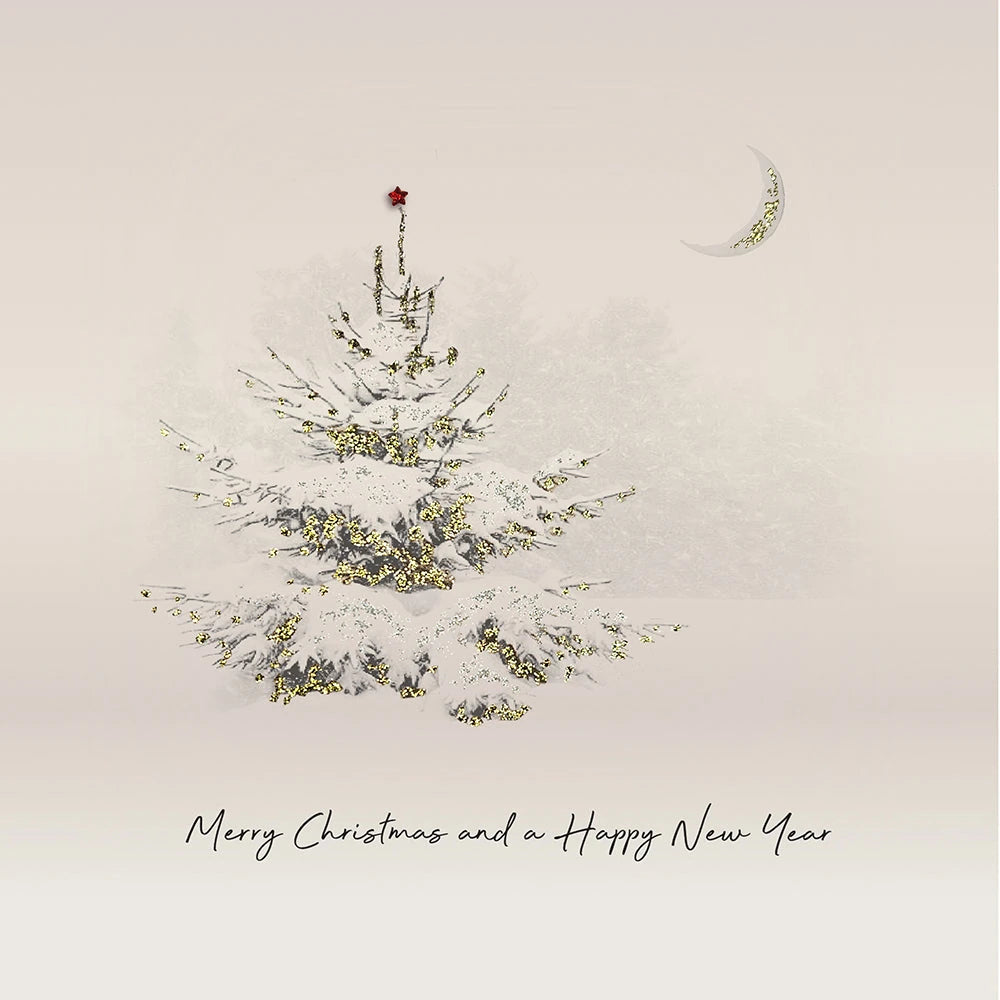 Five Dollar Shake Christmas card with snow covered tree and words: Merry Christmas and a Happy New Year