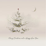 Five Dollar Shake Christmas card with snow covered tree and words: Merry Christmas and a Happy New Year