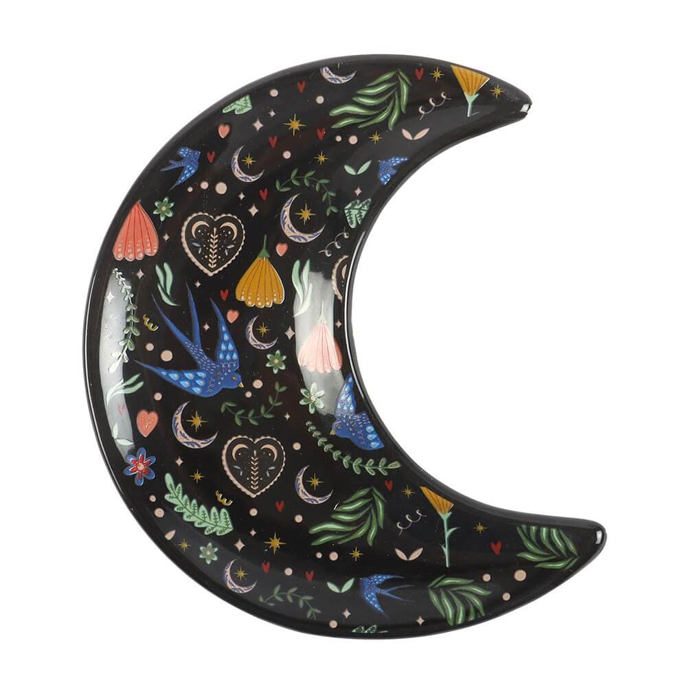 Midnight Bloom Crescent Moon Shaped Trinket Dish With Folf Art Pattern