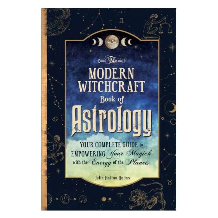 Book cover of 'The Modern Witchcraft Book of Astrology' with celestial designs and text.