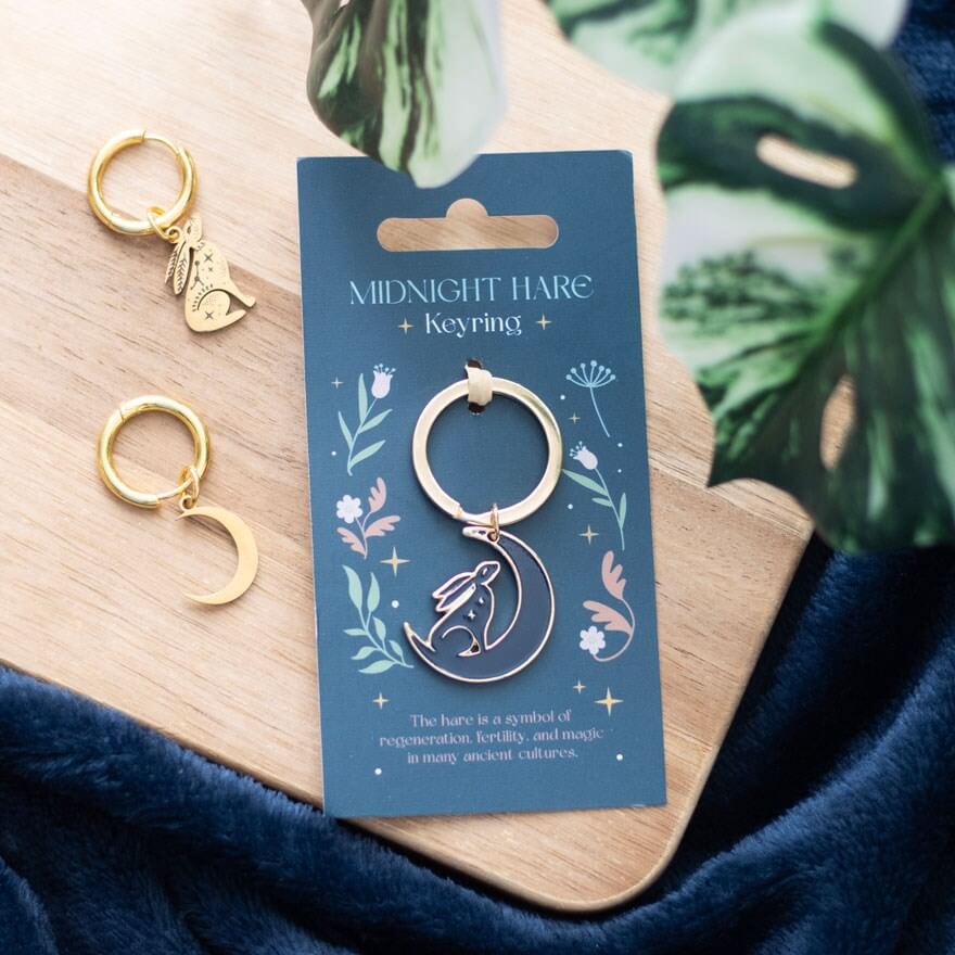 Moon Gazing Midnight Hare Metal Keyring