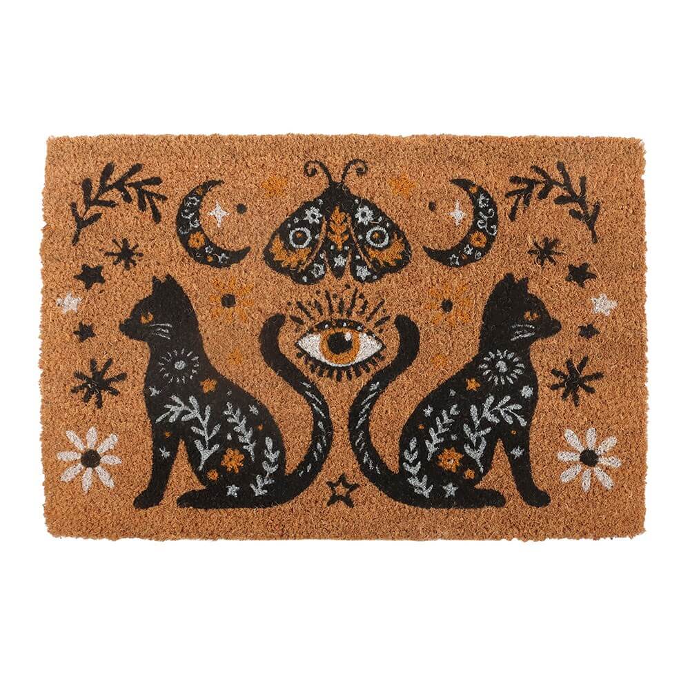 Decorative doormat with frightful black catsand celestial elements on a natural coir background