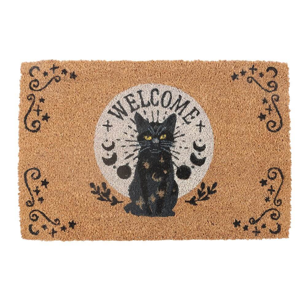 Doormat with a black cat design and 'Welcome' text on a beige background
