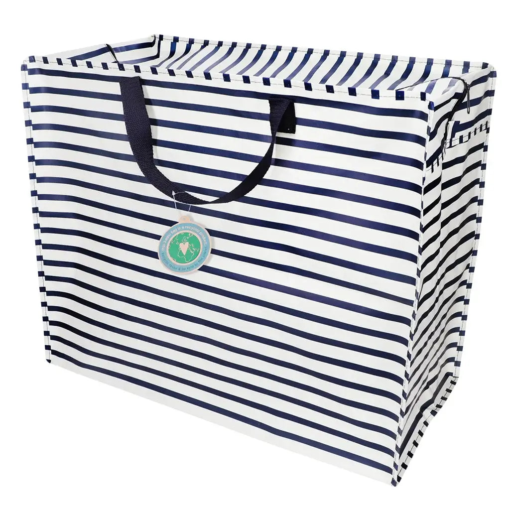 Nautical navy and white striped jumbo storage bag made with recycled plastic