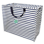 Nautical navy and white striped jumbo storage bag made with recycled plastic