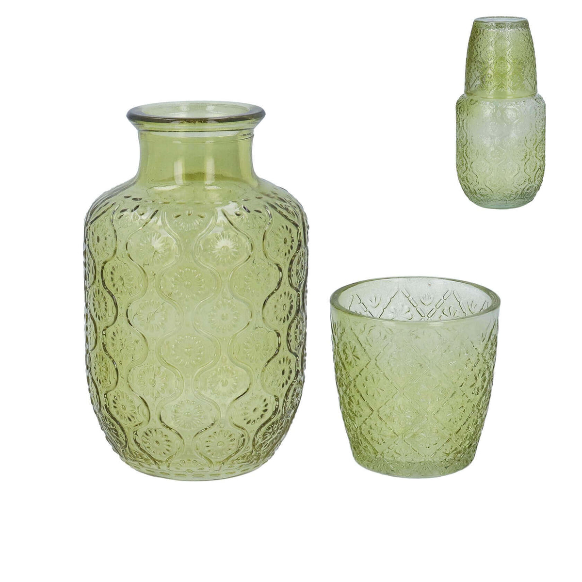 Green Glass Water Carafe Set with Embossed Daisy Designs by Gisela Graham
