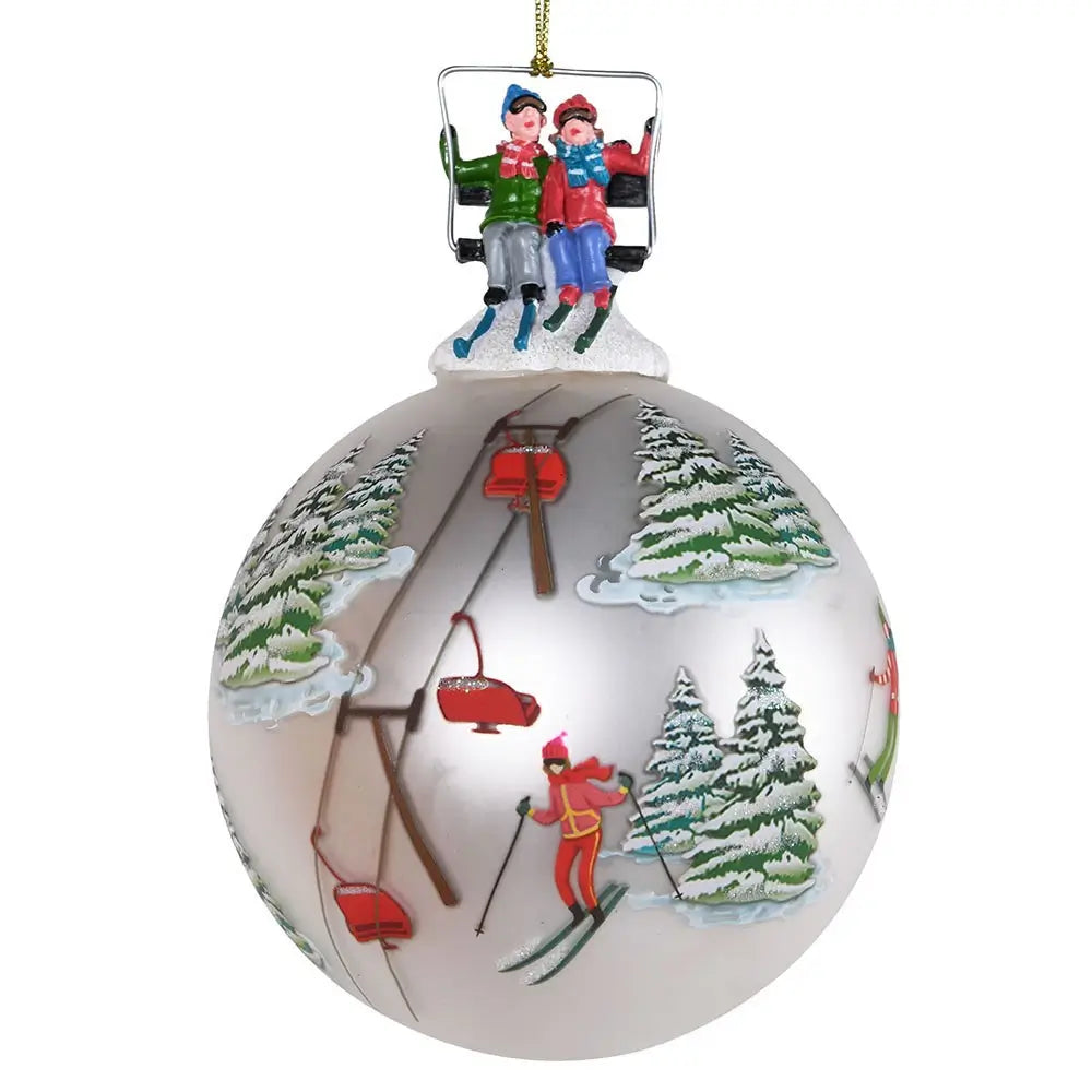 Pearl Skiing Scene Glass Christmas Bauble in Southend