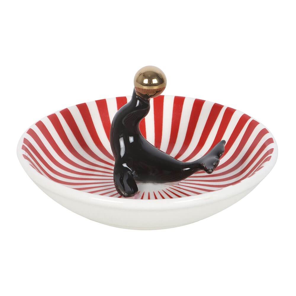 Red Striped Trinket Dish with Perfoming Circus Seal and Gold Ball