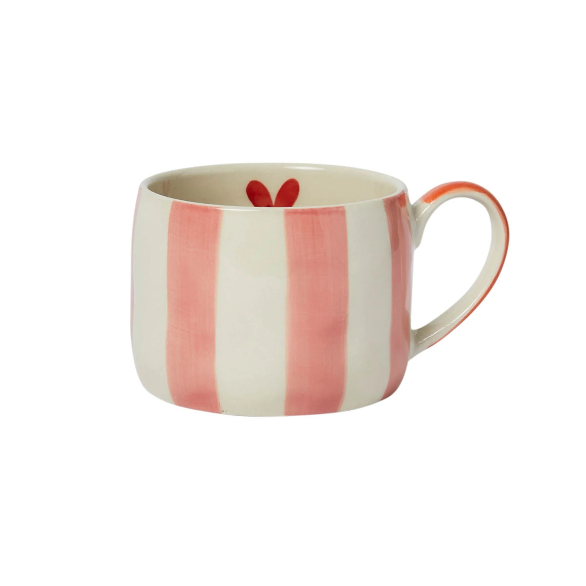 Stoneware mug with pink and white stripes and a red heart inside.