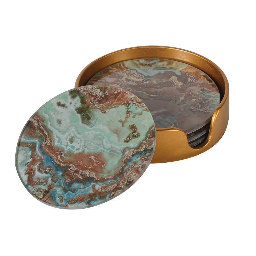 Set of Green & Turquoise Marble Effect Coasters with Gold Holder