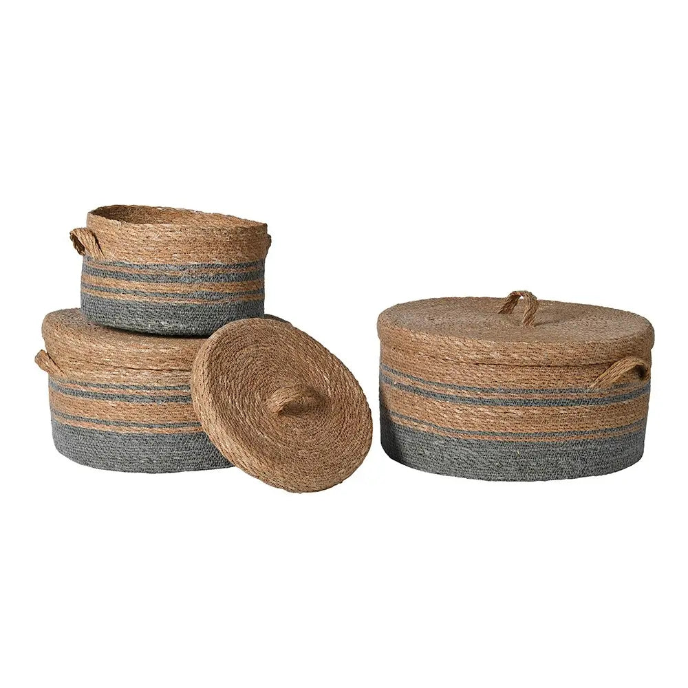 Set of 3 Round Seagrass Lidded Baskets