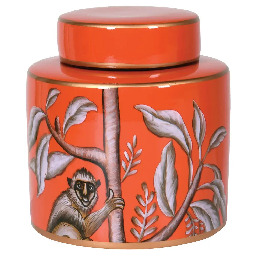 Small Coral Monkey Lidded Jar